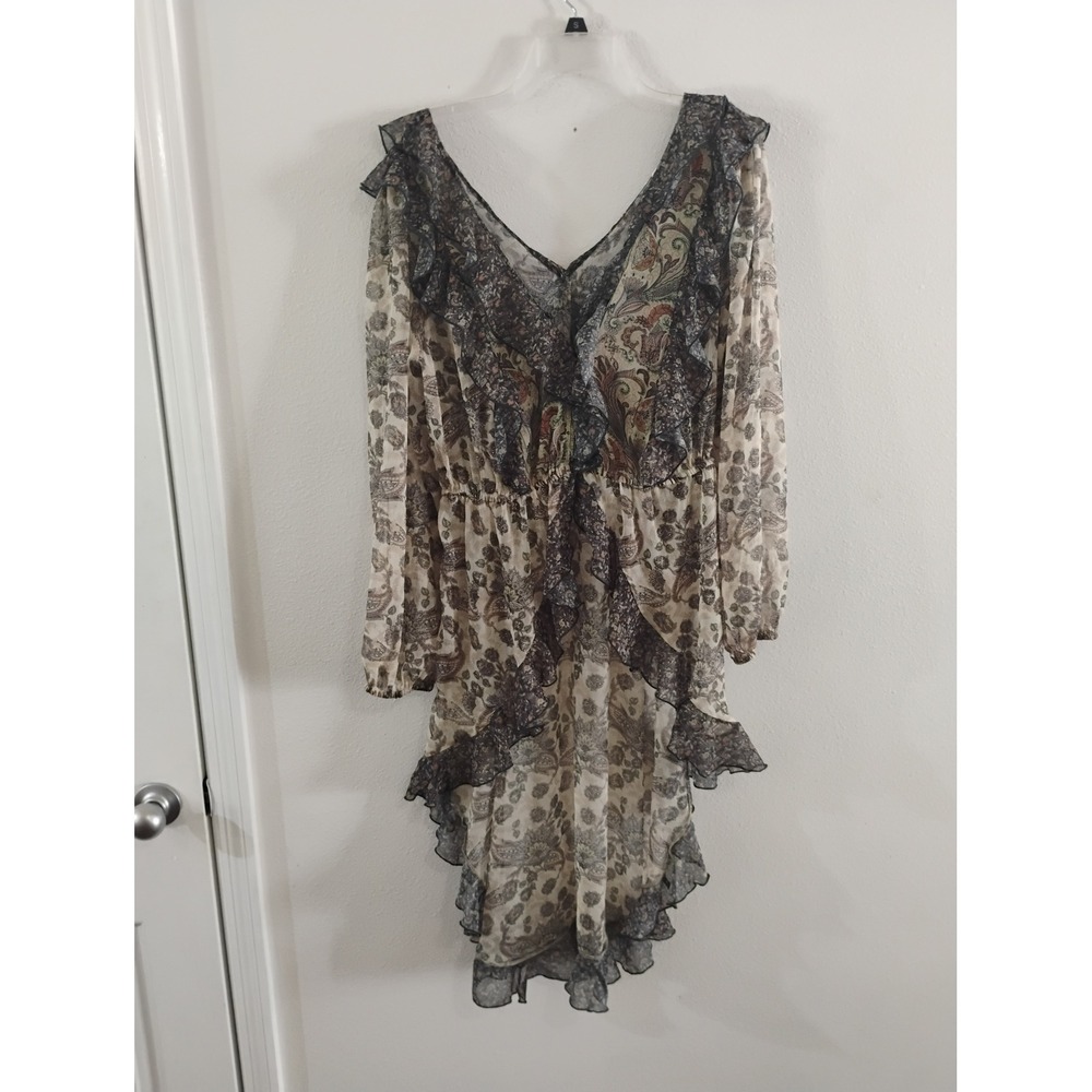 Boho Paisley Ruffle High Low Dress V-Neck Long Sleeve Sheer Earthy Tones Small